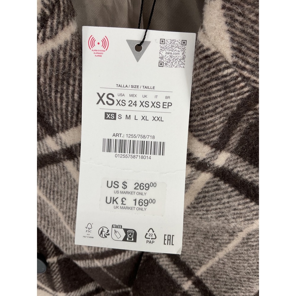 Zara Womens Overcoat Plaid Wool Blend Double Breasted Longline Brown XS - Picture 4 of 6